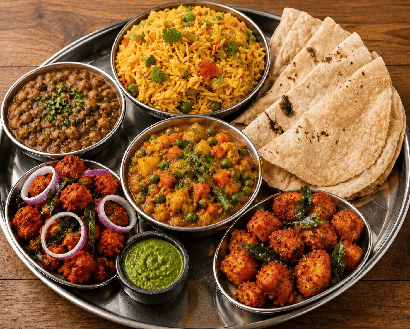 veg party platter with gobi 65, aloo 65, large veg pulav, mix veg curry, channa masala, 6 chapati